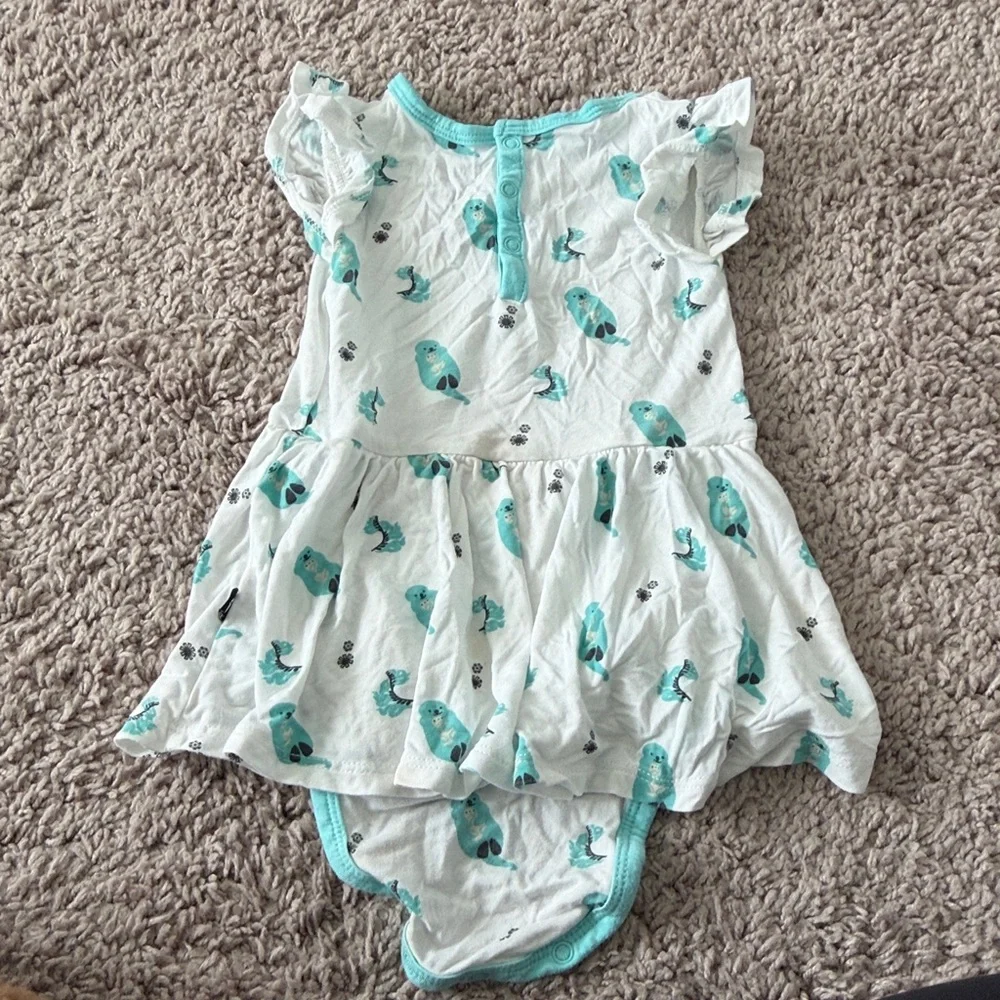 Kyte Baby Blue Otter Robin Cuddle Print Bamboo Bodysuit Twirl Dress